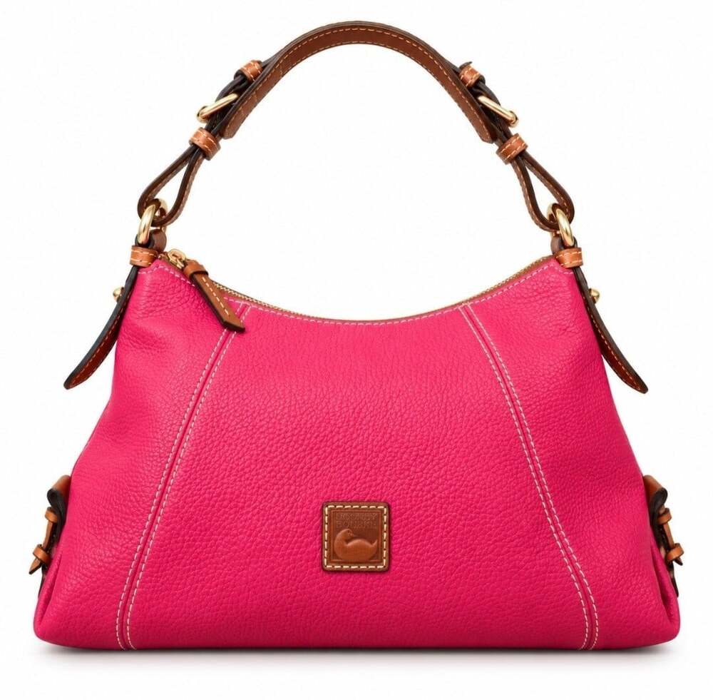 Dooney & Bourke Strawberry Pink Pebble Leather Hobo Shoulder Bag Brown Trim